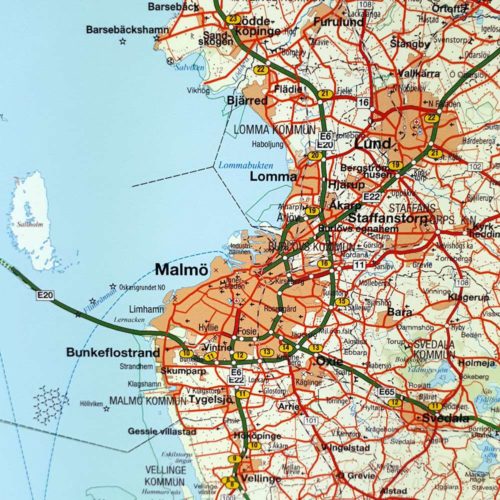 Väggkarta över Småland, Malmö Öland och södra Sverige för nålar