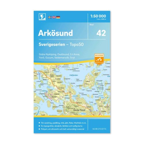Friluftskarta 42 Arkösund 1:50 000. Kartan täcker även in Södra Nyköping, Oxelösund, S:t Anna & Gryt, Yxnö, Gusum och Valdemarsvik.