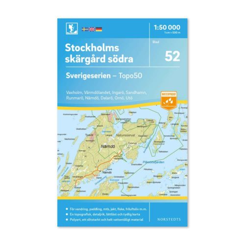 Friluftskarta 52 Stockholms södra skärgård 150 000. Kartan täcker även Vaxholm, Värmdölandet, Ingarö, Sandhamn, Runmarö, Nämdö, Dalarö, Ornö och Utö. art.nr 9789113086156